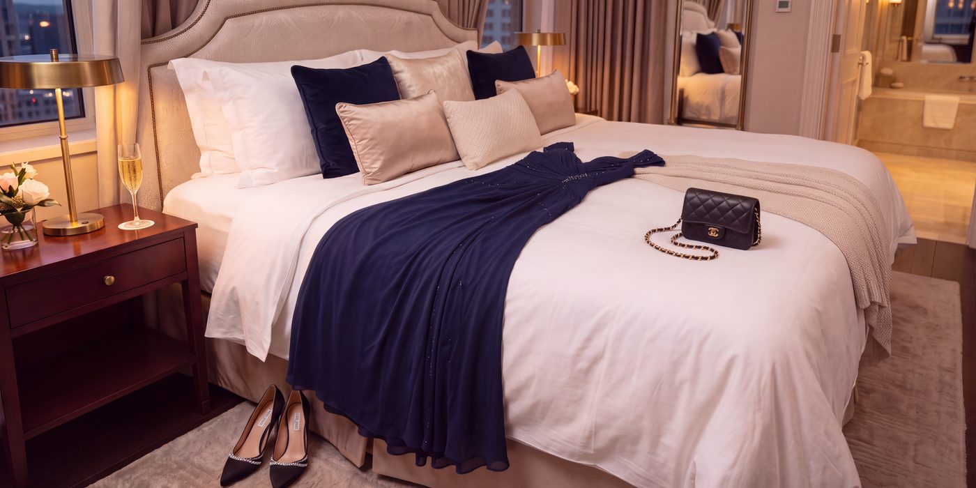 Midnight blue evening dress laid out on a hotel bed, black heels at the foot of the bed, a small black quilted bag and a glass of champagne