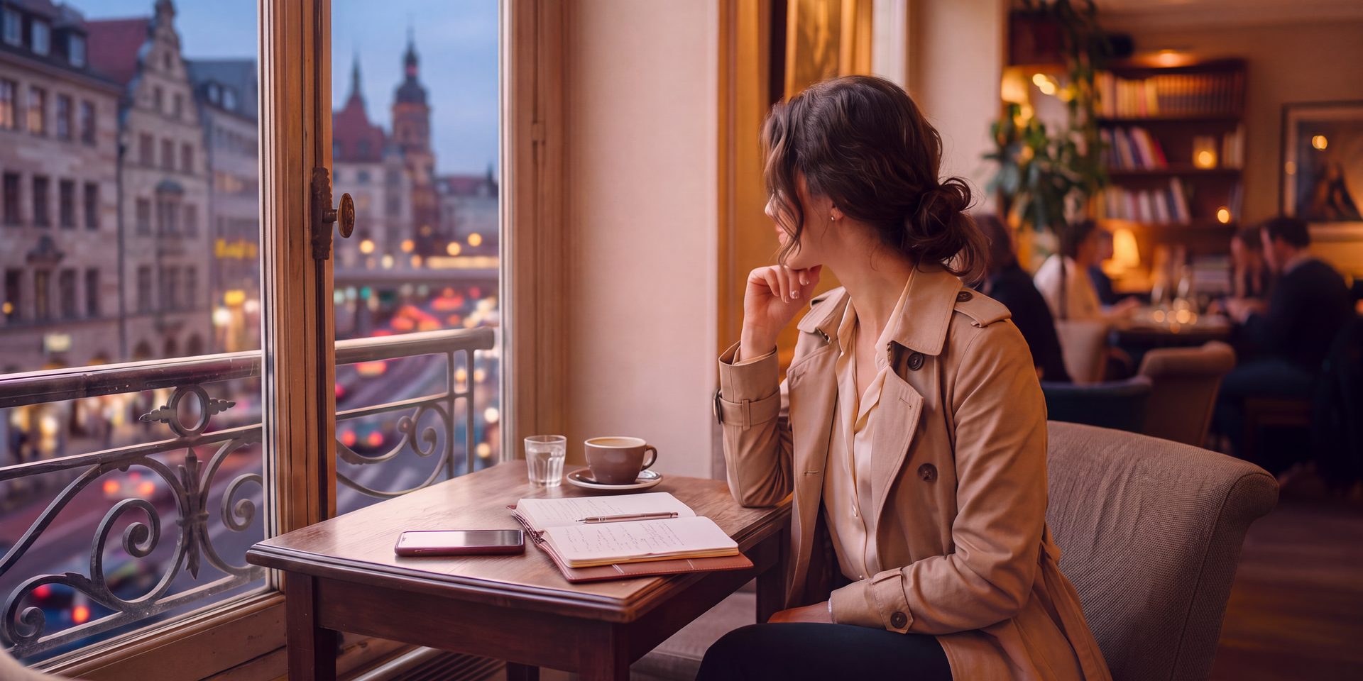 Woman in a beige trench coat seen from behind, sitting at a hotel lounge table by a tall window, open notebook and a cup of coffee