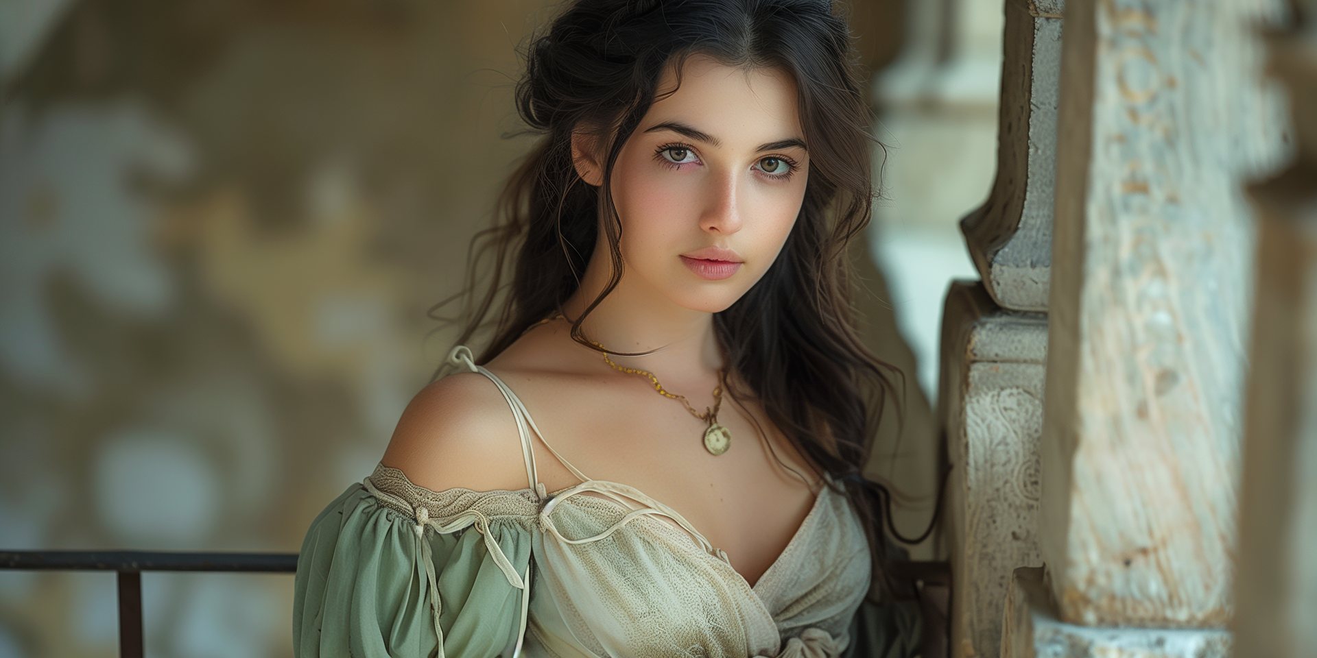 A young woman in a romantic off-shoulder gown, leaning against a stone balustrade in a classical setting, soft light.