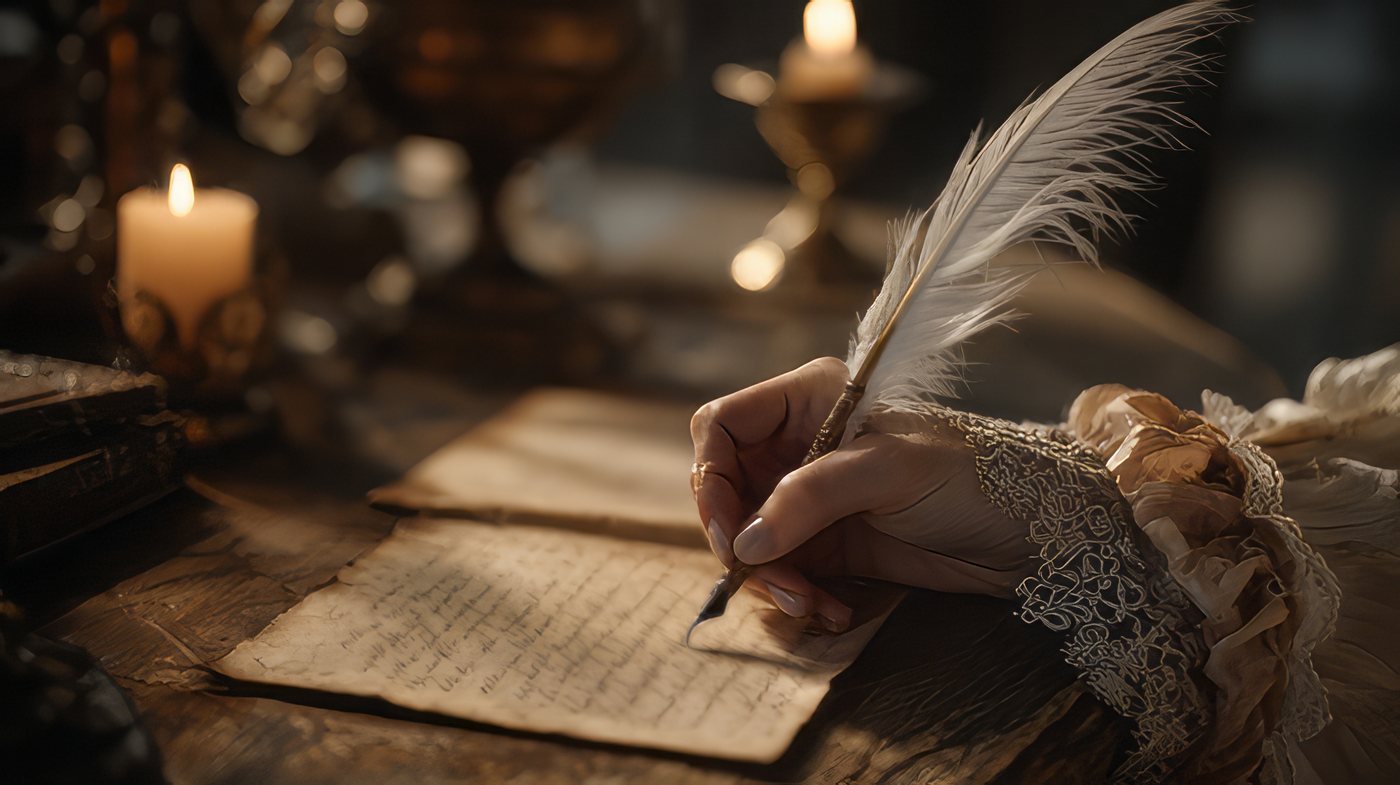 A lace-cuffed hand writes with a quill by candlelight on old parchment.