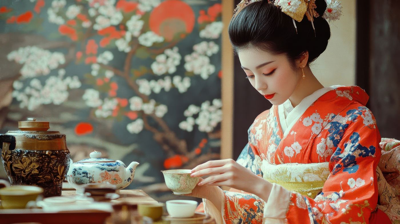 Geisha in a kimono during the tea ceremony.