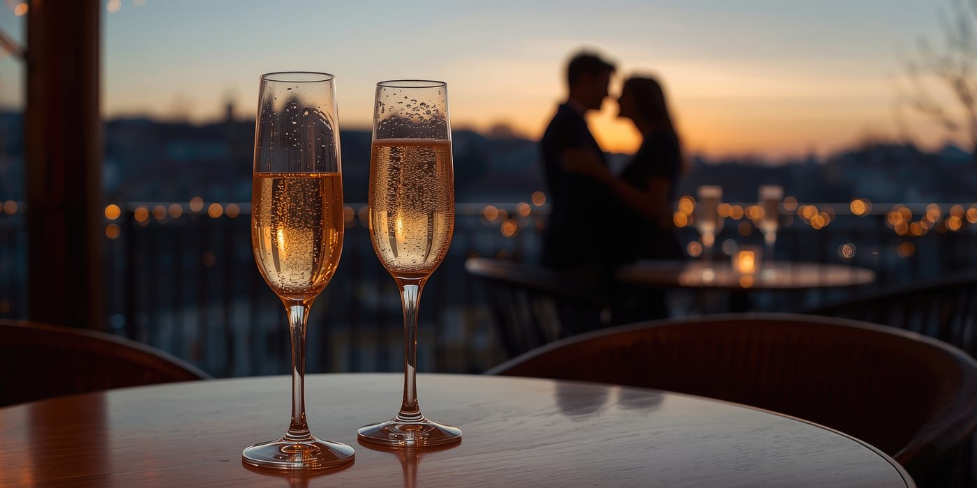 Two champagne flutes on a terrace table at dusk, a couple embracing in silhouette against the city lights