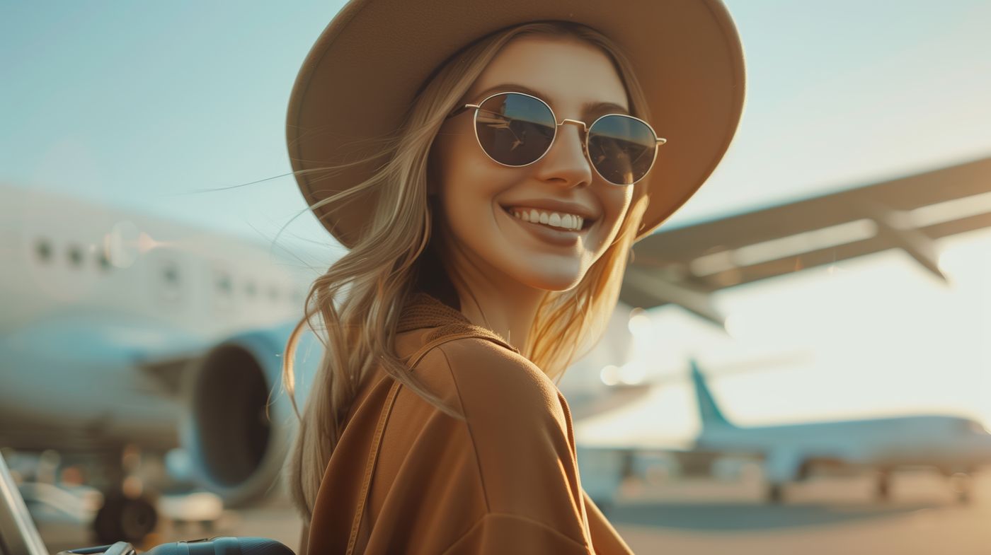 Elegant traveller in a hat and sunglasses on the tarmac beside an aircraft.