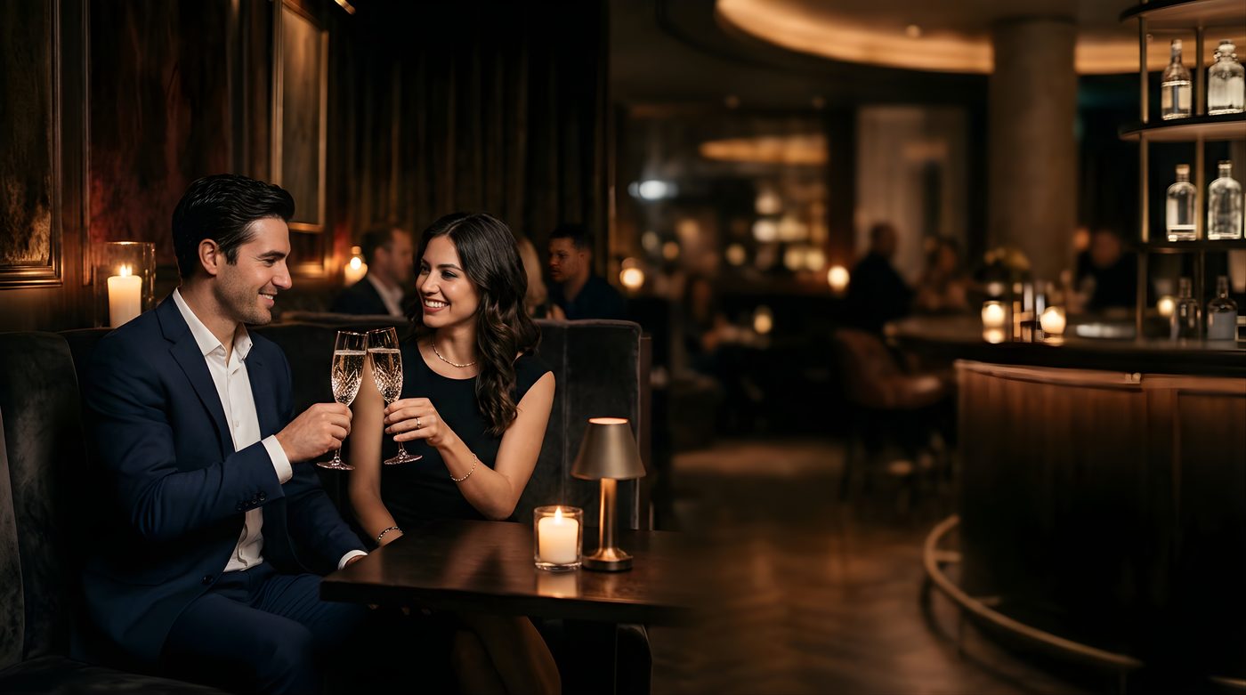 An elegant couple sharing a glass of champagne in an intimate bar.