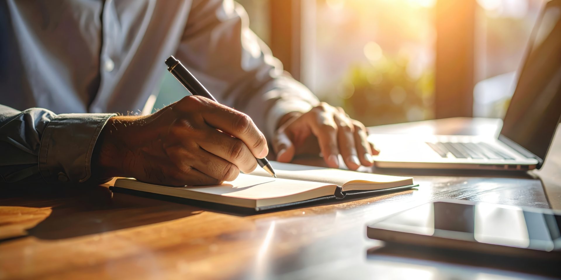 Man writing in a notebook at a desk in warm evening light