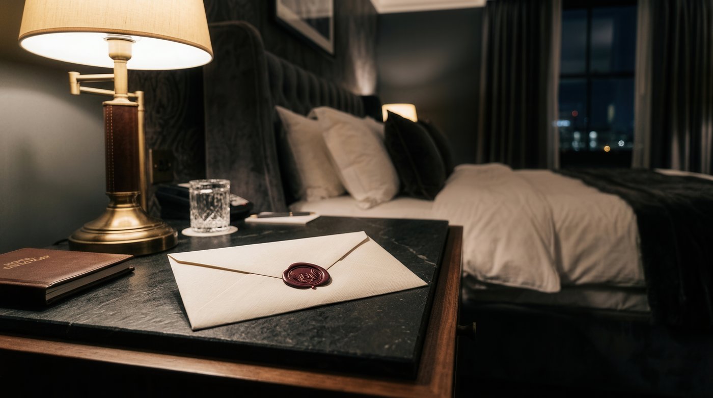 A cream envelope with a wax seal on a hotel bedroom nightstand in the evening.