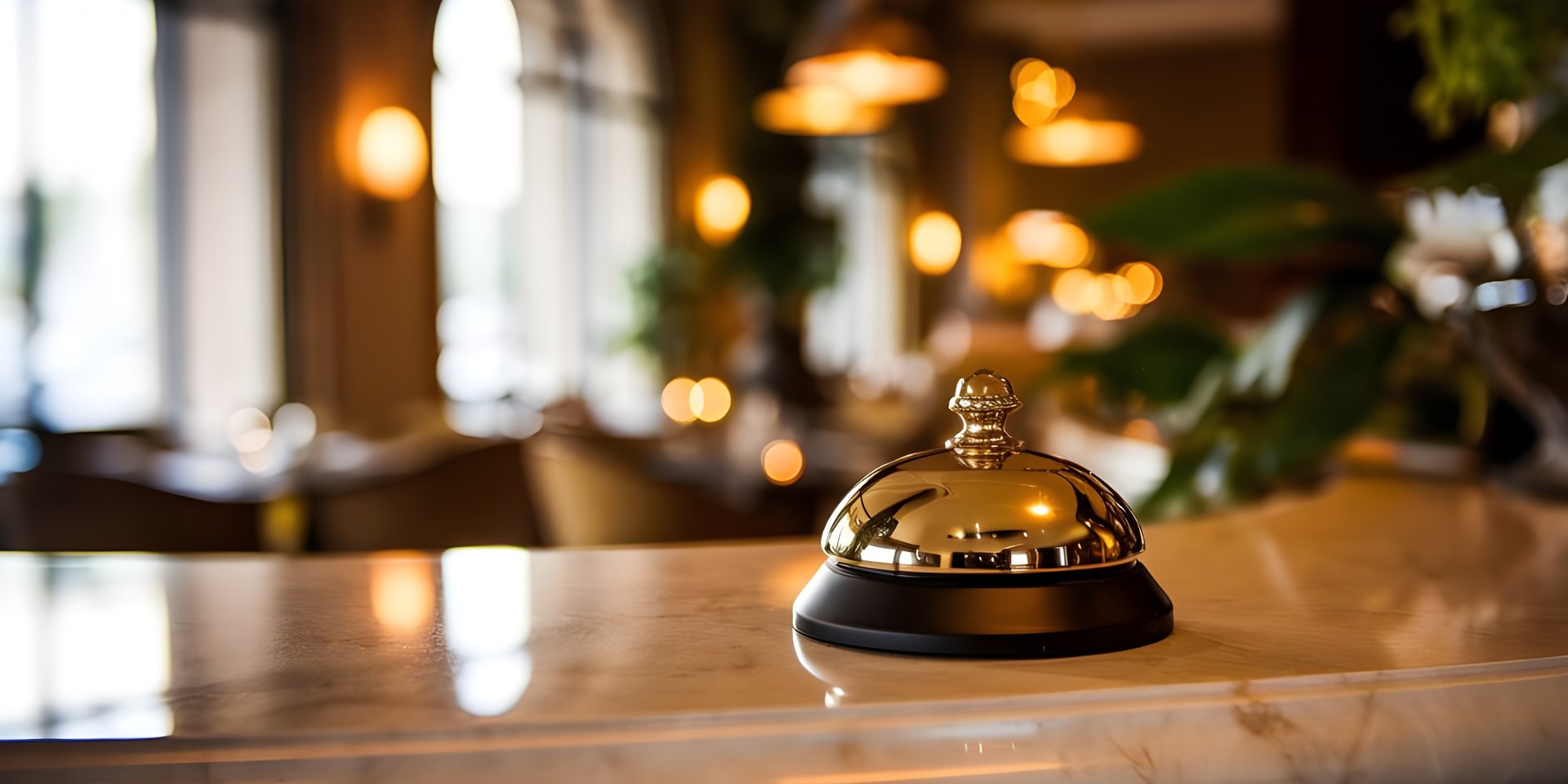 Gold reception bell on a marble counter, a luxury hotel lobby in the background