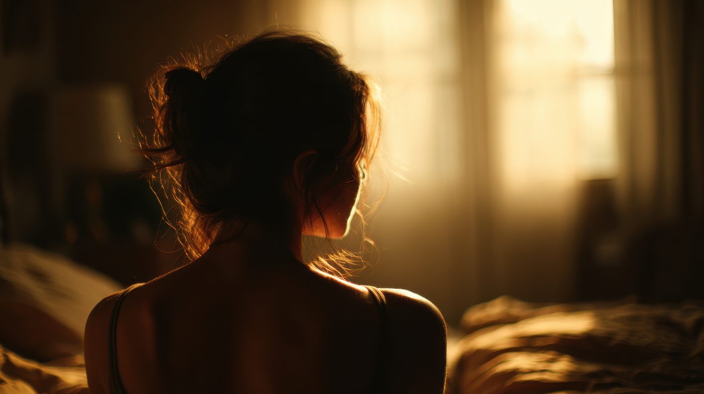 A woman seen from behind, backlit at the window of a room bathed in warm light.