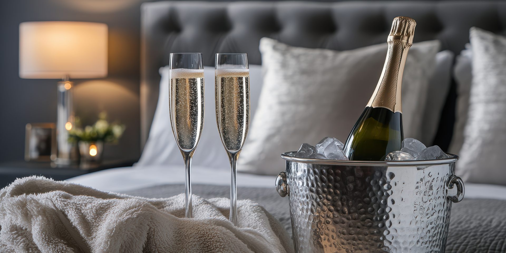 Two champagne flutes and an ice bucket on an elegantly made hotel bed.
