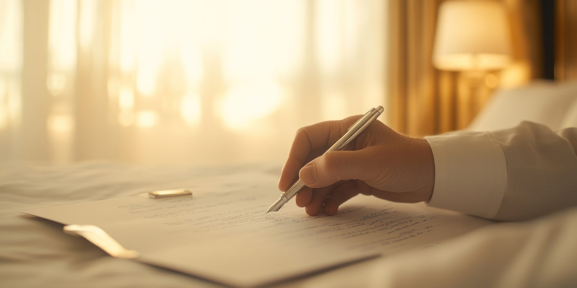 A hand writing a letter with a fountain pen in the warm light of a luxury hotel suite.